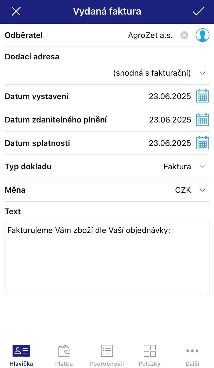 Detail vydané faktury v mobilní aplikaci mPohoda