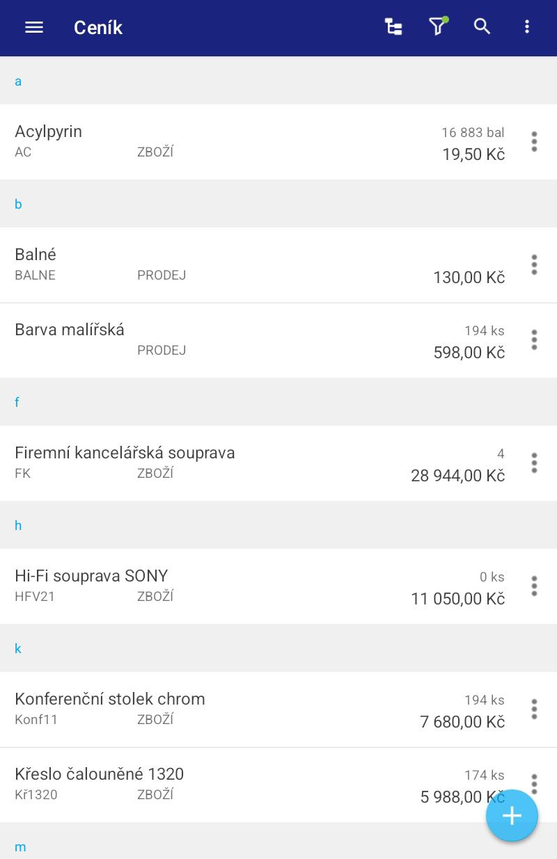 Seznam ceníkových položek v mobilní aplikaci mPohoda