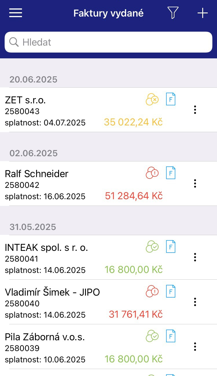 Seznam vydaných faktur v mobilní aplikaci mPohoda